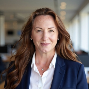 Bryana-Amador-UVA Bryana is a middle-aged woman with slightly freckled white skin and light auburn long hair. She is wearing small white earrings. a white collared shirt, navy blue blazer, and a silver necklace with a small charm.